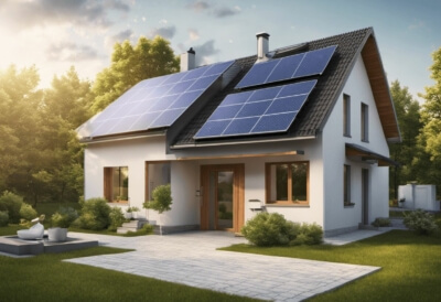 Modernes Haus mit Solarpanelen und Wärmepumpe, entspricht den 2024er Anforderungen des Gebäudeenergiegesetzes