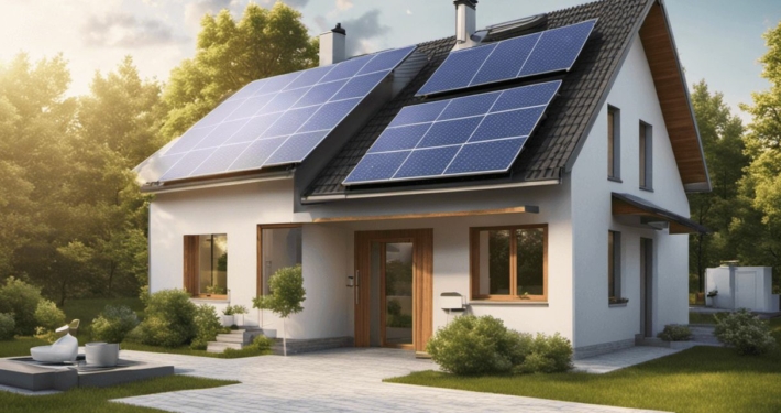 Modernes Haus mit Solarpanelen und Wärmepumpe, entspricht den 2024er Anforderungen des Gebäudeenergiegesetzes