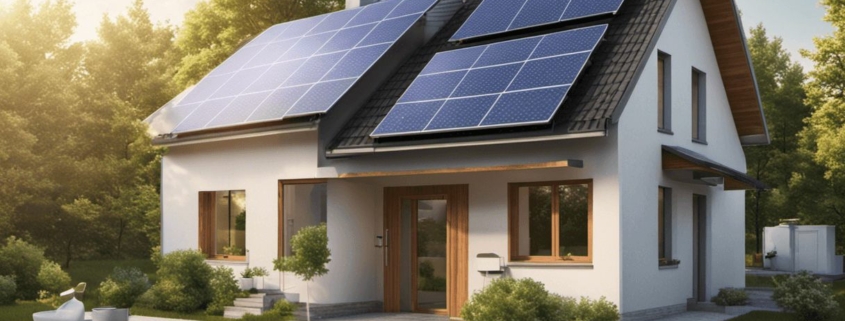 Modernes Haus mit Solarpanelen und Wärmepumpe, entspricht den 2024er Anforderungen des Gebäudeenergiegesetzes