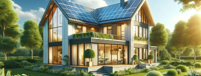 Modernes, energieeffizientes Einfamilienhaus mit Solarpanelen, repräsentativ für BEG-Förderungen und KfW-Initiativen in 2024