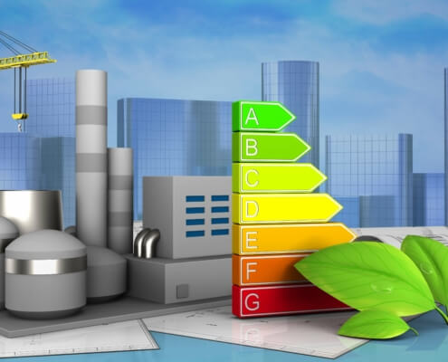 Industriegebäude mit Energieeffizienz-Kennzeichnung und grünen Blättern, die die Herausforderungen und Chancen der Energieeffizienz in der deutschen Industrie darstellen