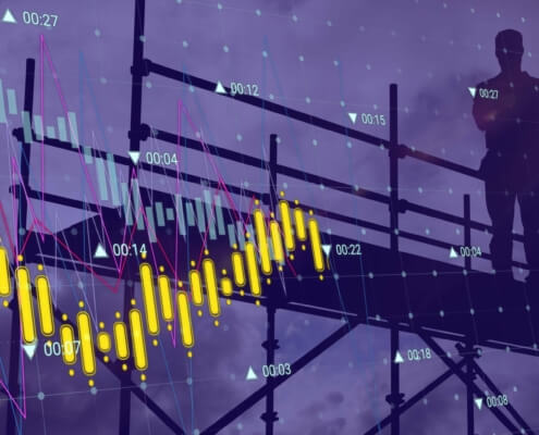 Grafik eines Energiemanagementsystems mit Energiedaten und einem silhouettierten Mitarbeiter, symbolisch für die ISO 50001 Zertifizierung und nachhaltiges Energiemanagement