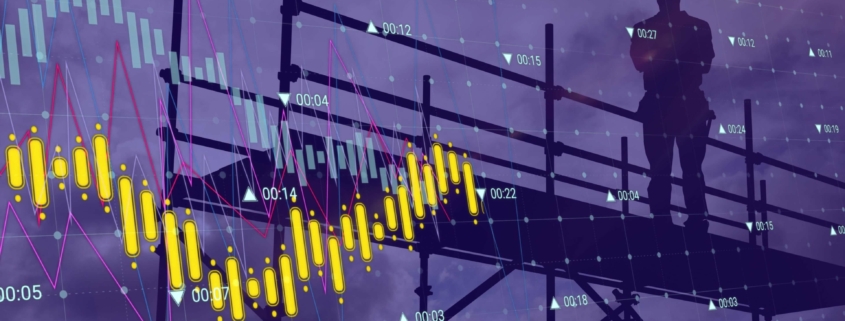 Grafik eines Energiemanagementsystems mit Energiedaten und einem silhouettierten Mitarbeiter, symbolisch für die ISO 50001 Zertifizierung und nachhaltiges Energiemanagement