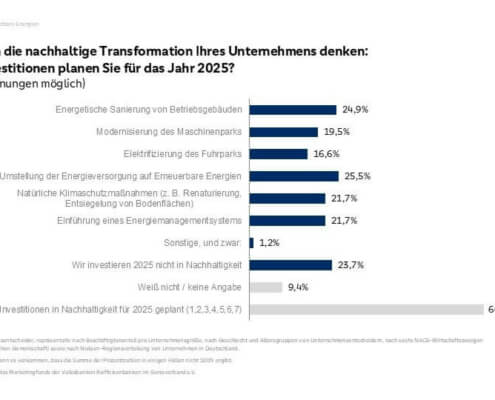 Diagramm zur Umfrage über Investitionen deutscher Unternehmen in nachhaltige Transformation bis 2025, mit Schwerpunkten auf erneuerbaren Energien und energieeffizienten Maßnahmen