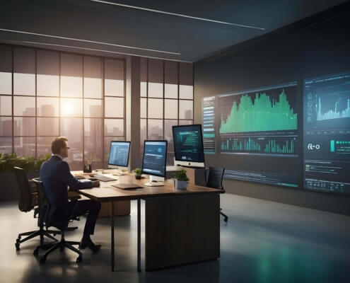 Ein Mann in einem modernen Büro analysiert Nachhaltigkeitsdaten auf mehreren Monitoren und einem großen Bildschirm mit ESG-Diagrammen.