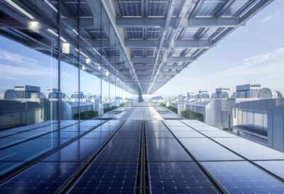 Industriegebäude mit Solarpaneelen auf dem Dach, Glasfassaden und nachhaltiger Gebäudetechnik zur Energieeinsparung